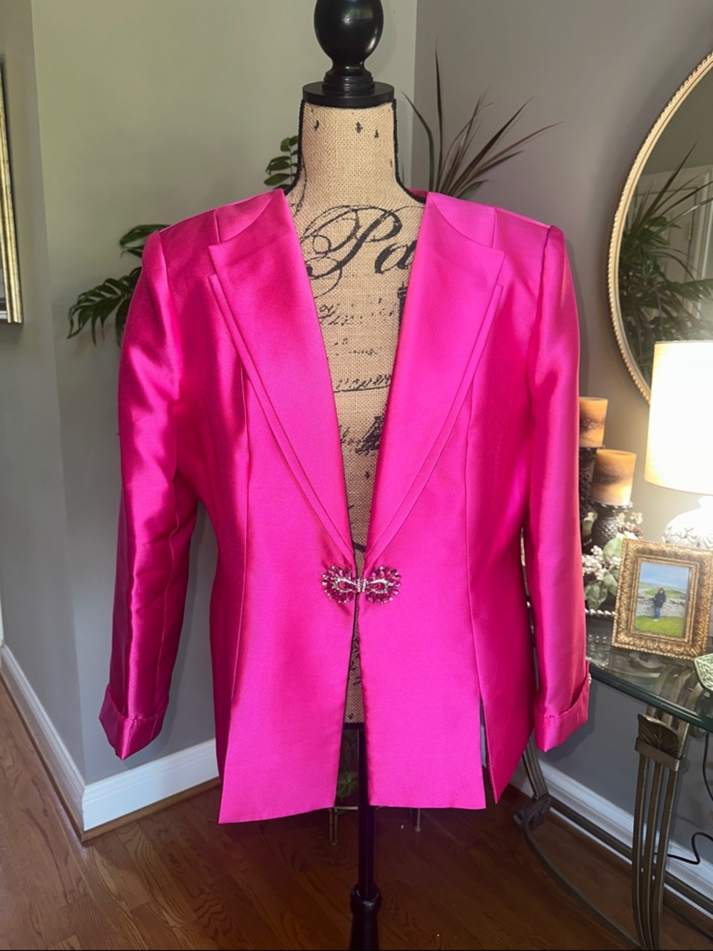Bright Fuchsia Satin Blazer with Jeweled Clasp size 14 EUC Jacket only